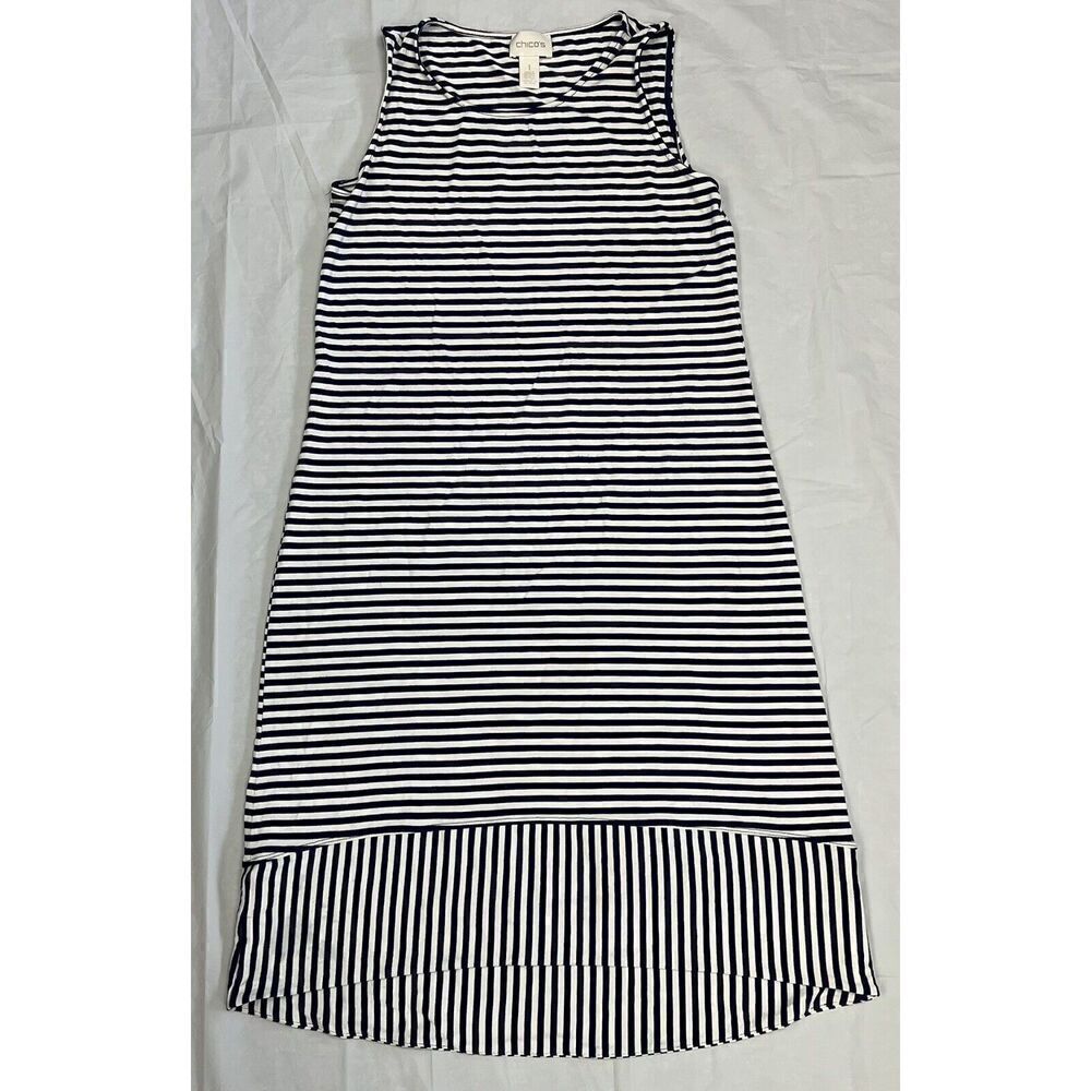 Chico's Dress Size 2 Women Blue White Stripe Stretch Sleeveless Spring Beach